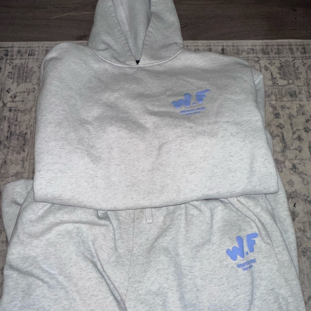 White Fox Gray Hoodie and Sweatpants Set with Blue Logo